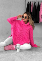 Ozdobnie pleciony Pullover z golfem Rosso Neon Rosa