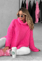 Ozdobnie pleciony Pullover z golfem Rosso Neon Rosa