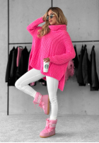 Ozdobnie pleciony Pullover z golfem Rosso Neon Rosa