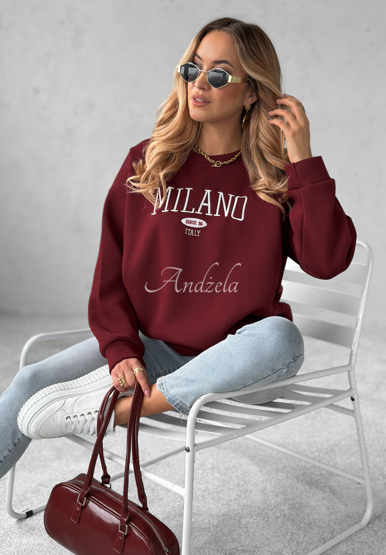 Sweatshirt oversize z napisem Milano Amore Burgunderrot