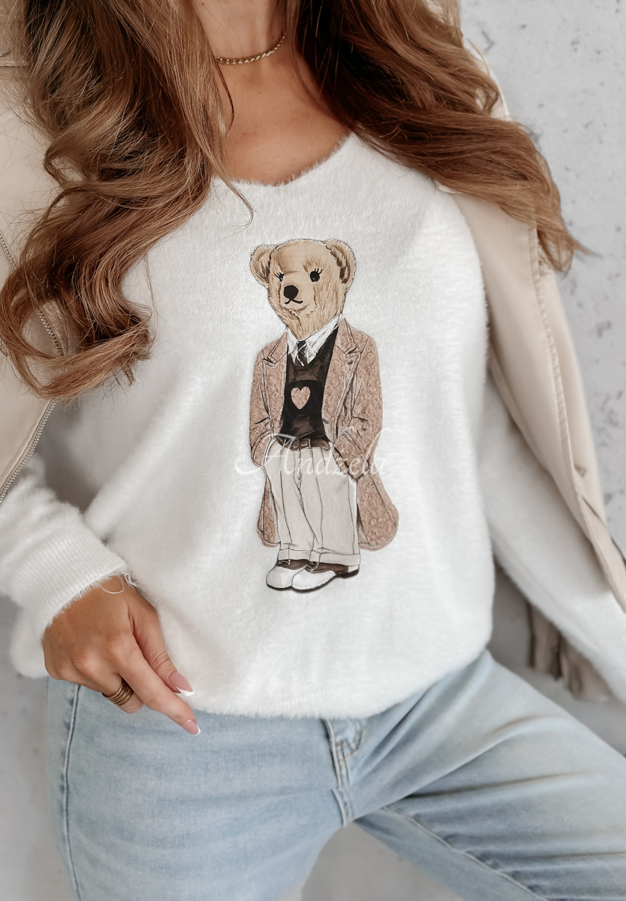 Oversize Pullover mit Teddybär Casual Teddy Ecru