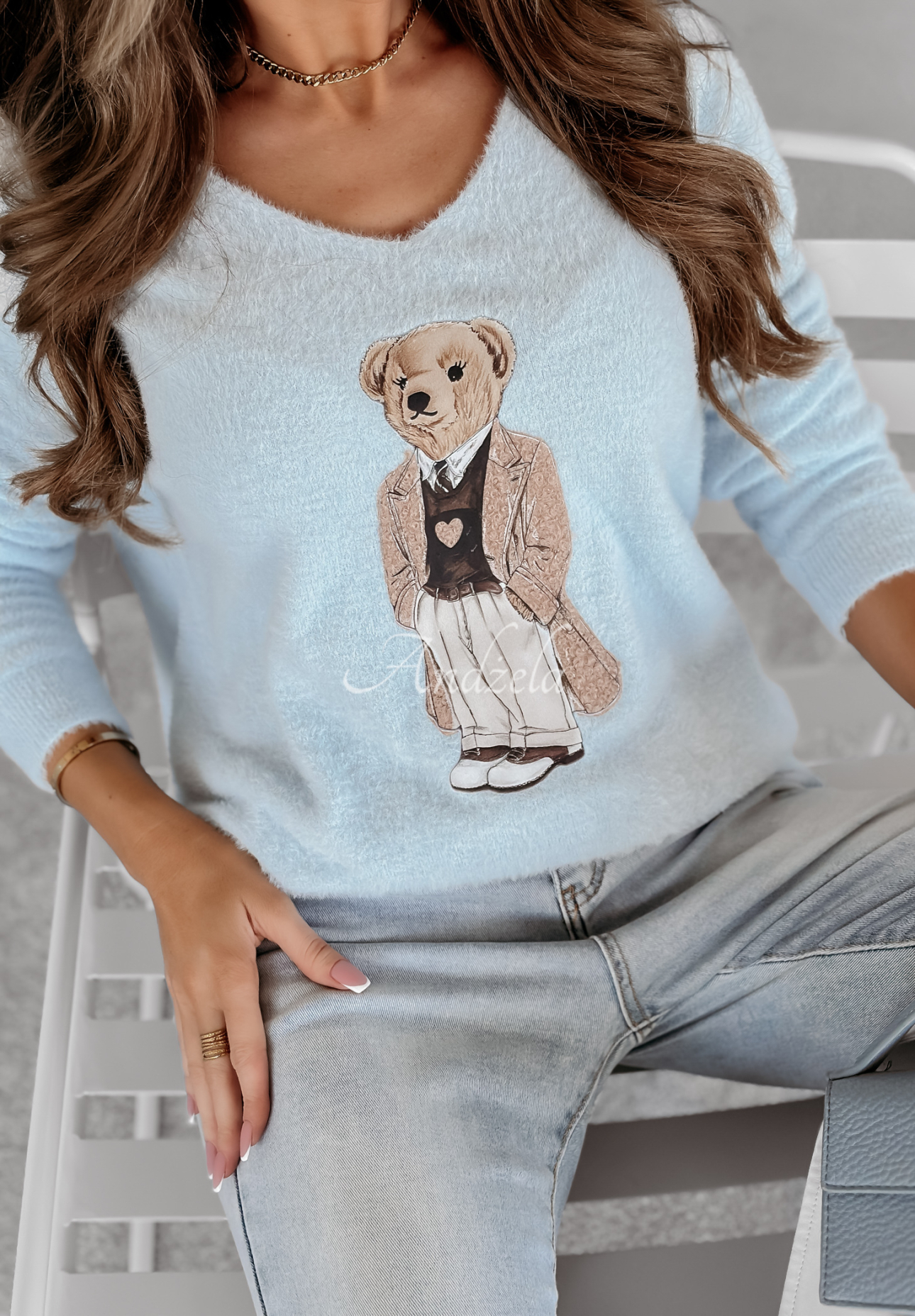 Oversize Pullover mit Teddybär Casual Teddy Himmelblau