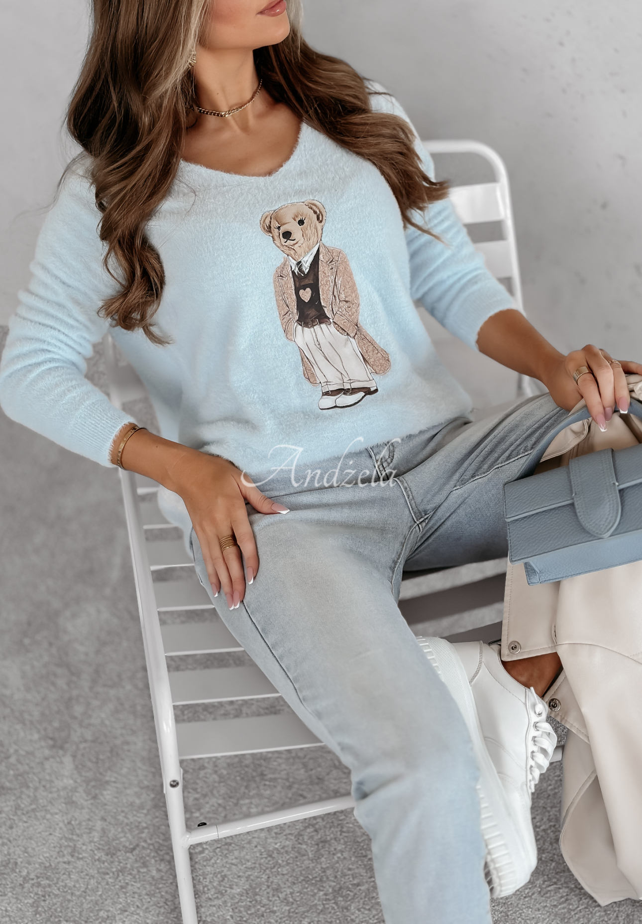 Oversize Pullover mit Teddybär Casual Teddy Himmelblau