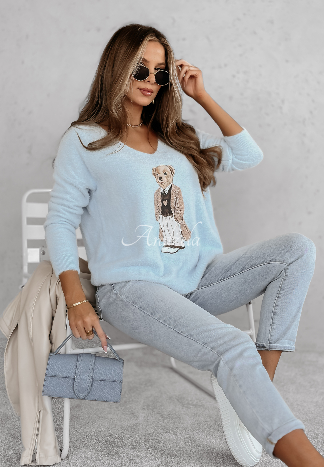 Oversize Pullover mit Teddybär Casual Teddy Himmelblau