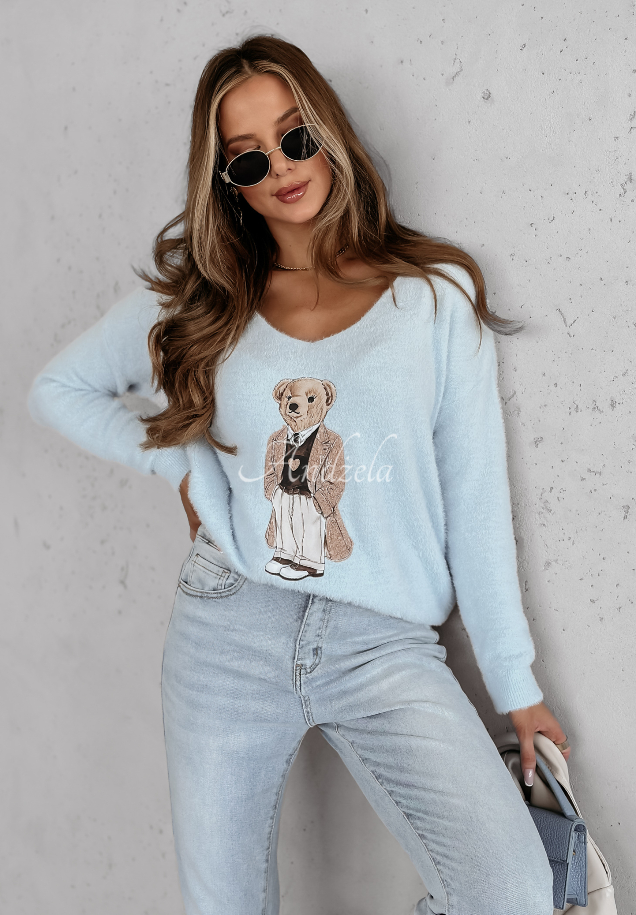 Oversize Pullover mit Teddybär Casual Teddy Himmelblau