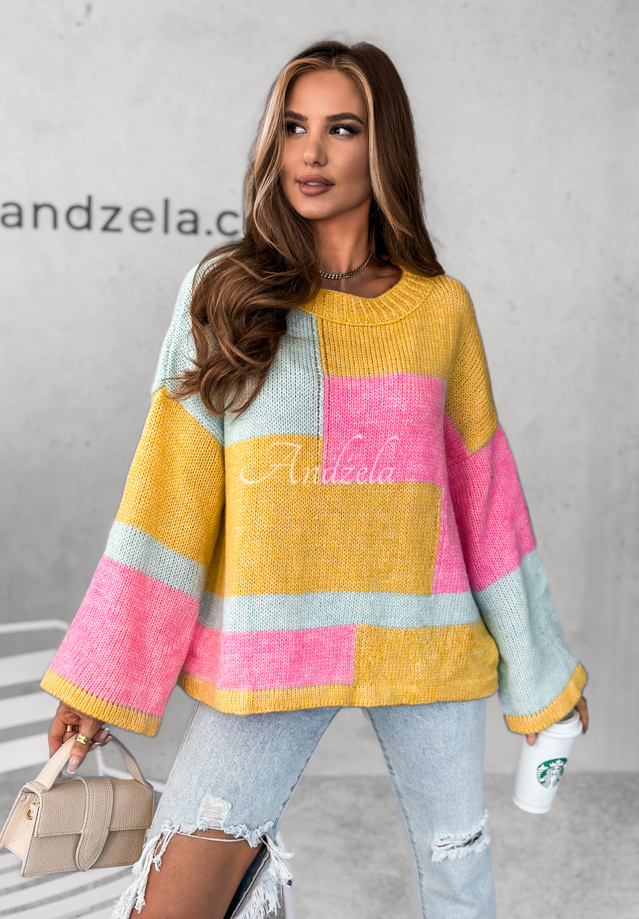 Oversize Pulli Choose Happiness Gelb-Minzgrün