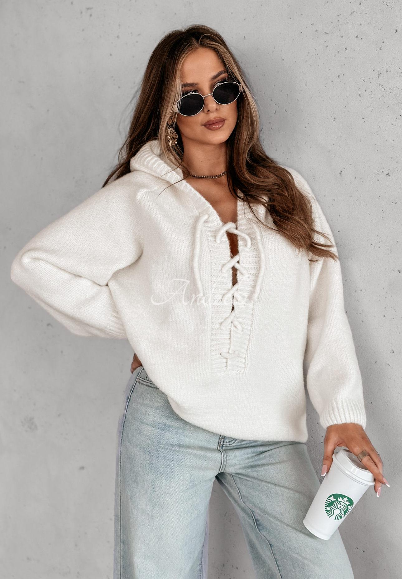 Oversize-Pullover mit Bindeband und Kapuze Laossi Ecru