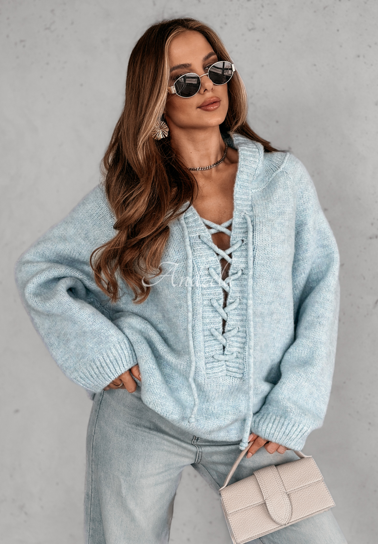 Oversize-Pullover mit Bindeband und Kapuze Laossi Himmelblau