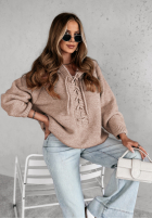 Pullover oversize ze sznurowaniem i kapturem Laossi Beige