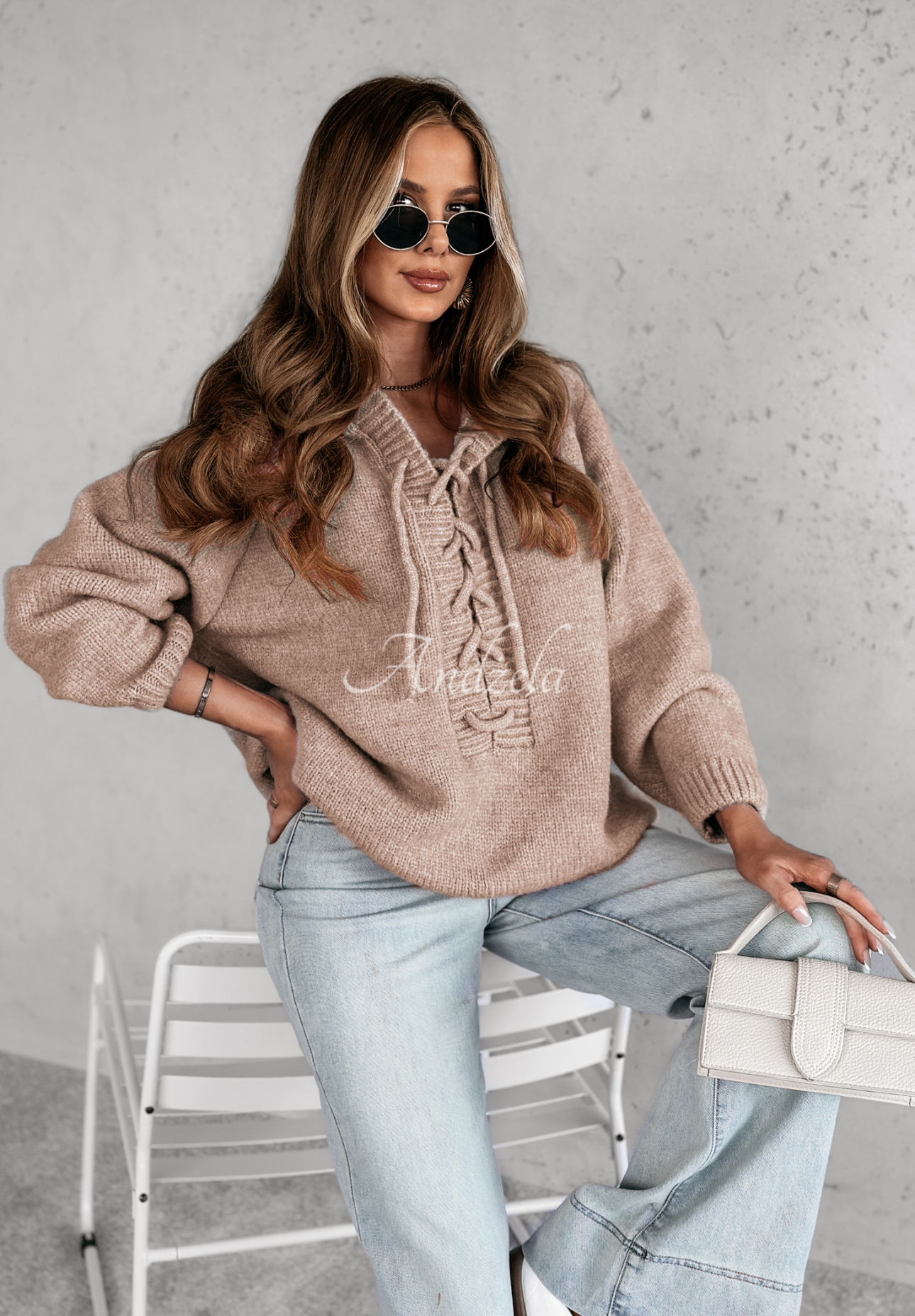 Oversize-Pullover mit Bindeband und Kapuze Laossi Beige