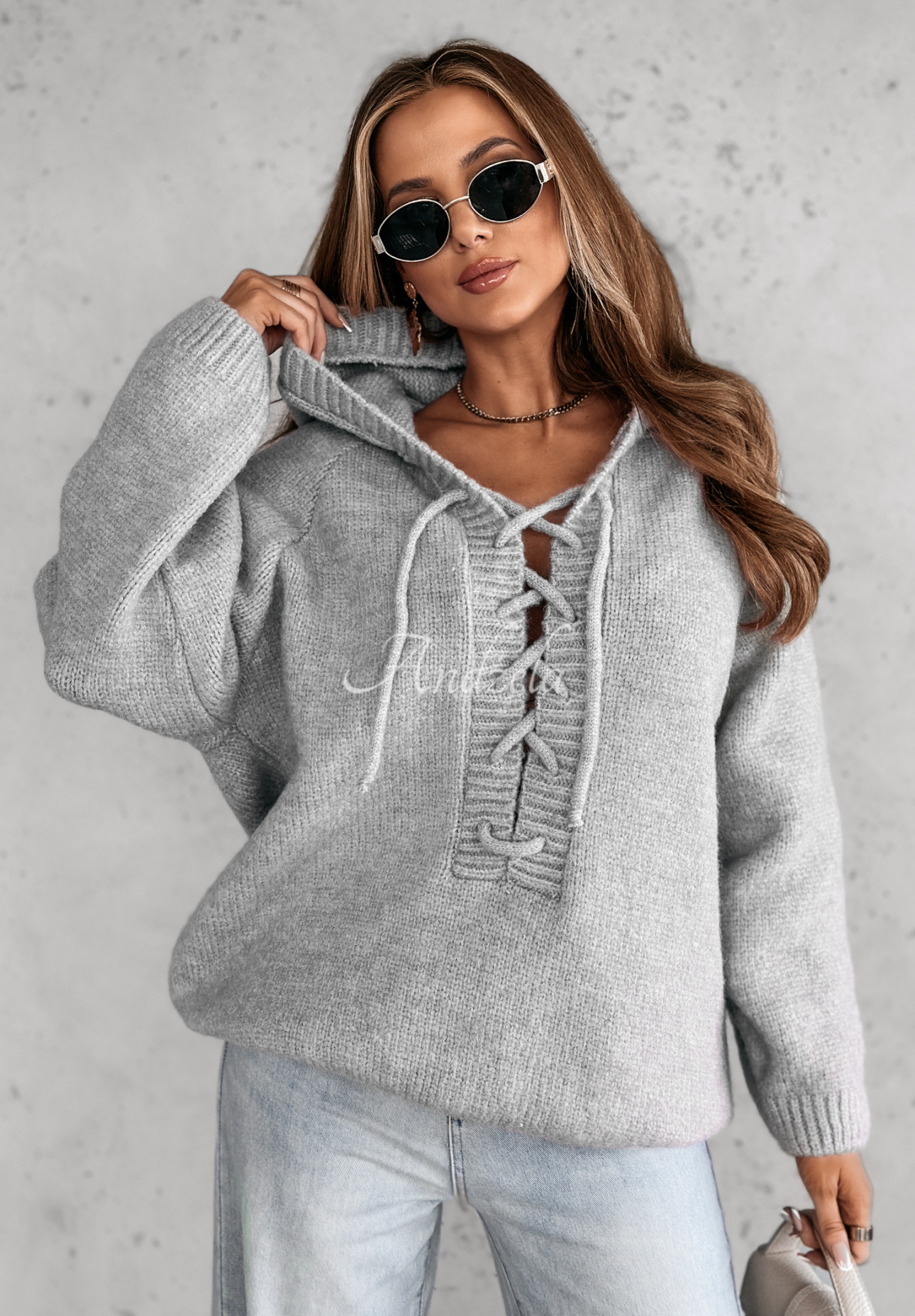 Oversize-Pullover mit Bindeband und Kapuze Laossi Grau