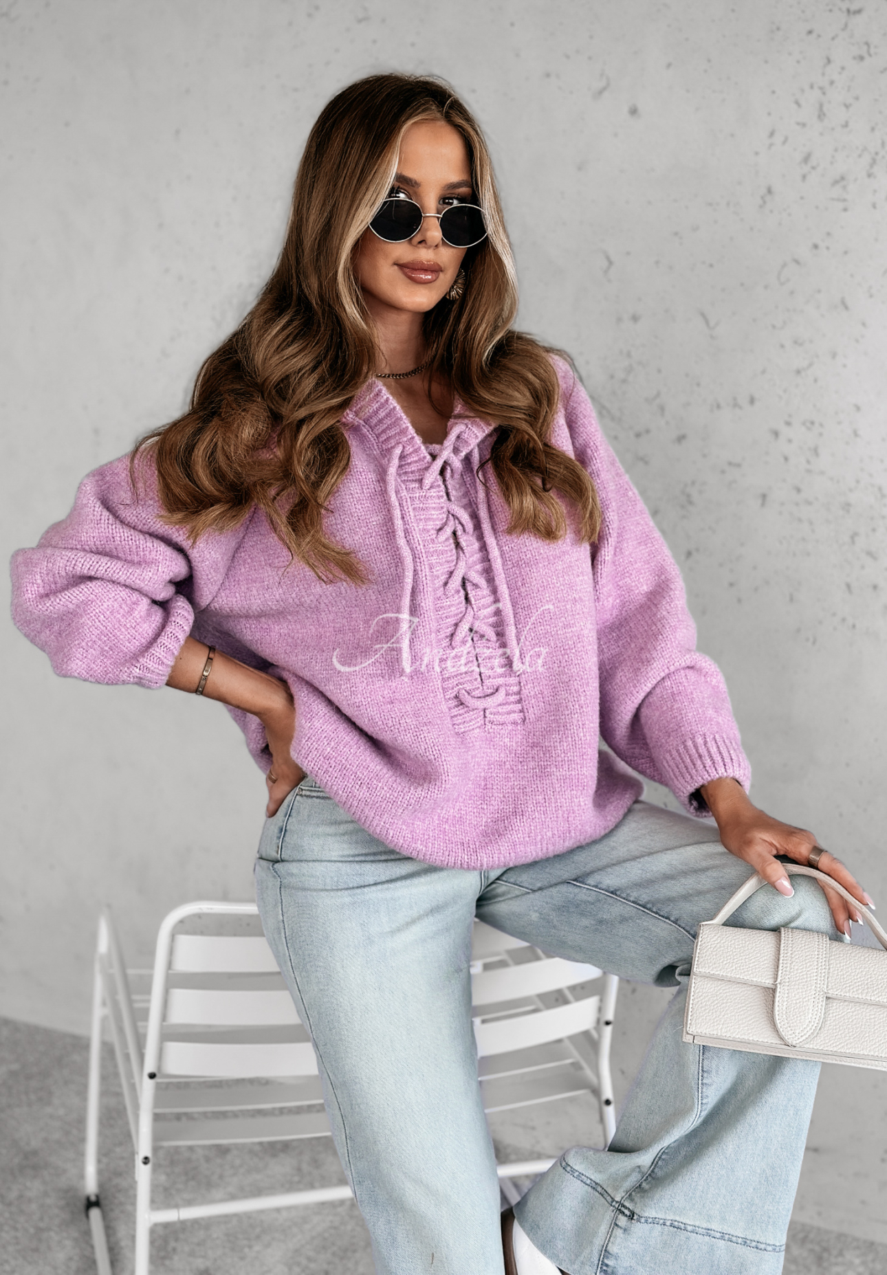 Oversize-Pullover mit Bindeband und Kapuze Laossi Lilafarben