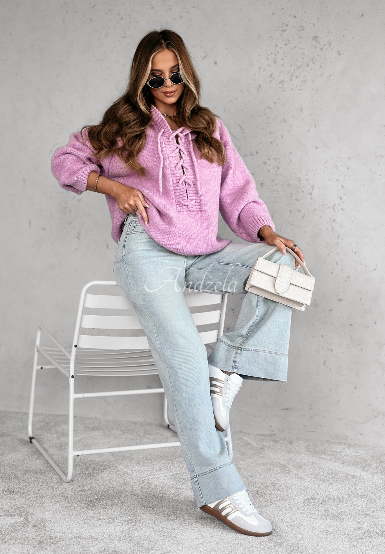 Oversize-Pullover mit Bindeband und Kapuze Laossi Lilafarben