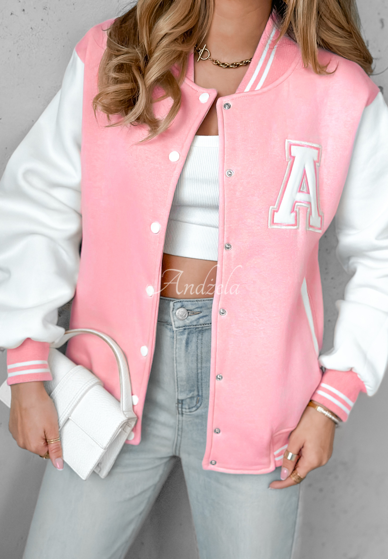 Collegejacke Oldschool Weiß- Rosa