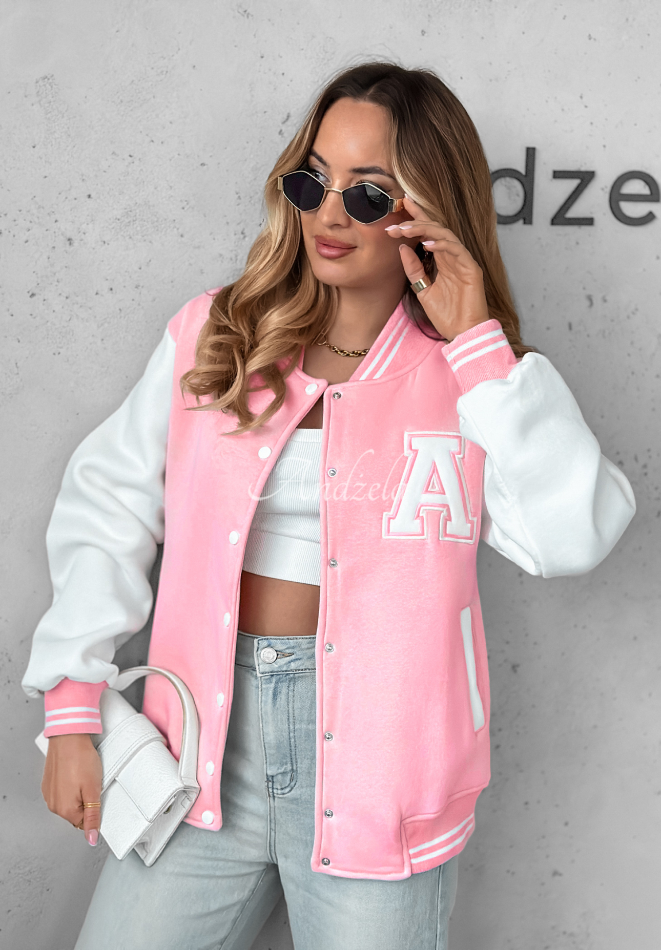 Collegejacke Oldschool Weiß- Rosa