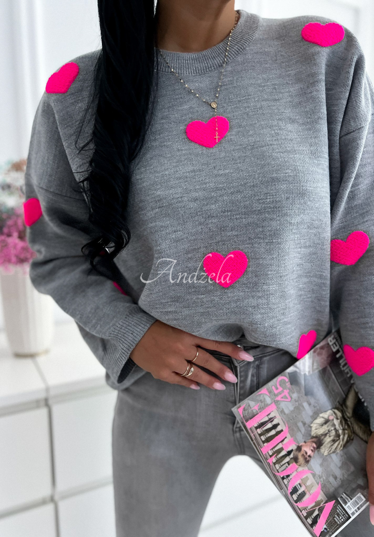 Pullover mit Herzen Let Me Love You grau-rosa