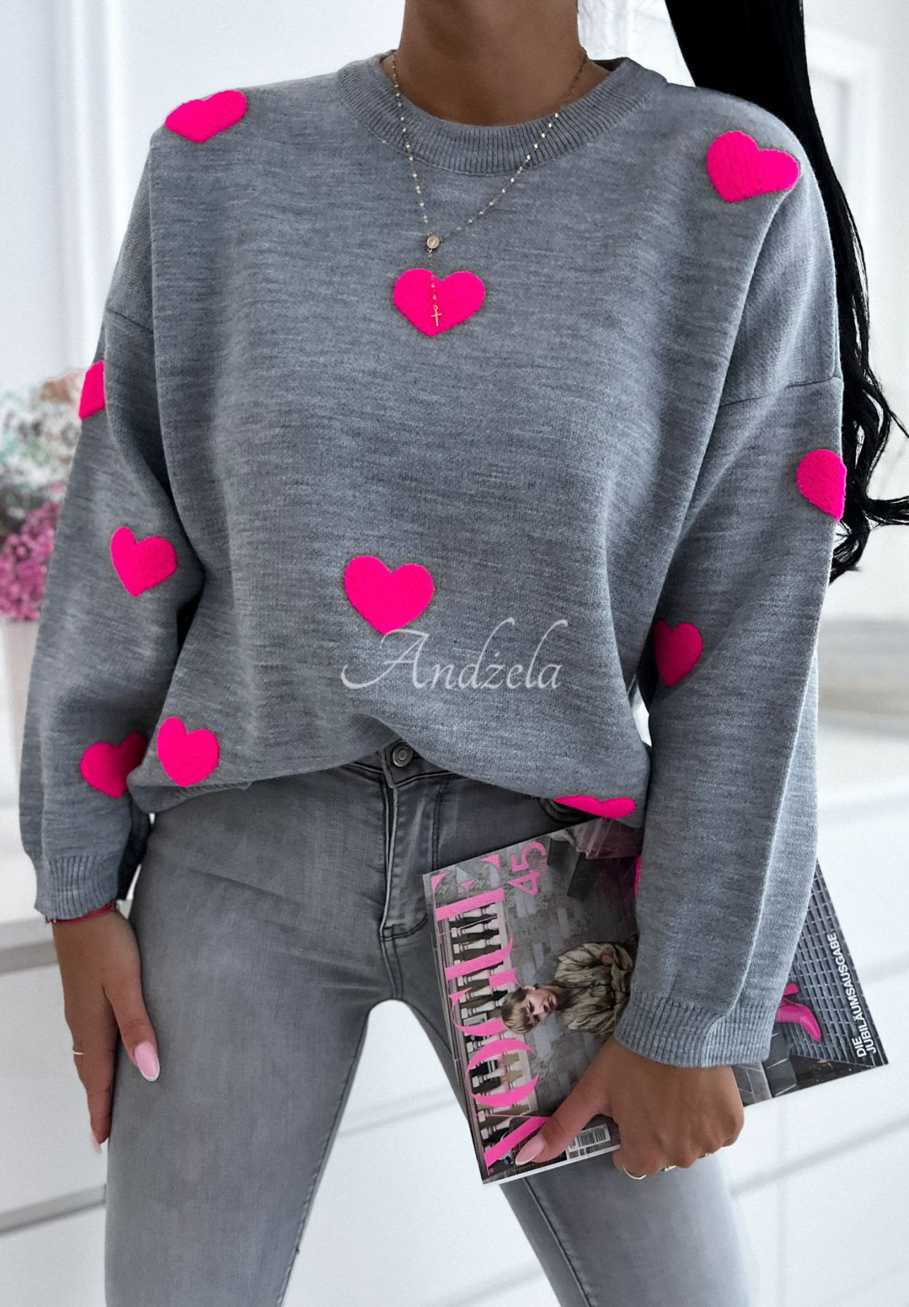 Pullover mit Herzen Let Me Love You grau-rosa