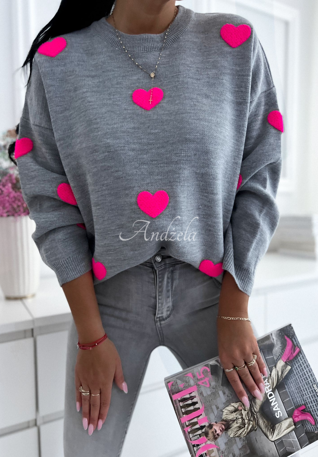 Pullover mit Herzen Let Me Love You grau-rosa