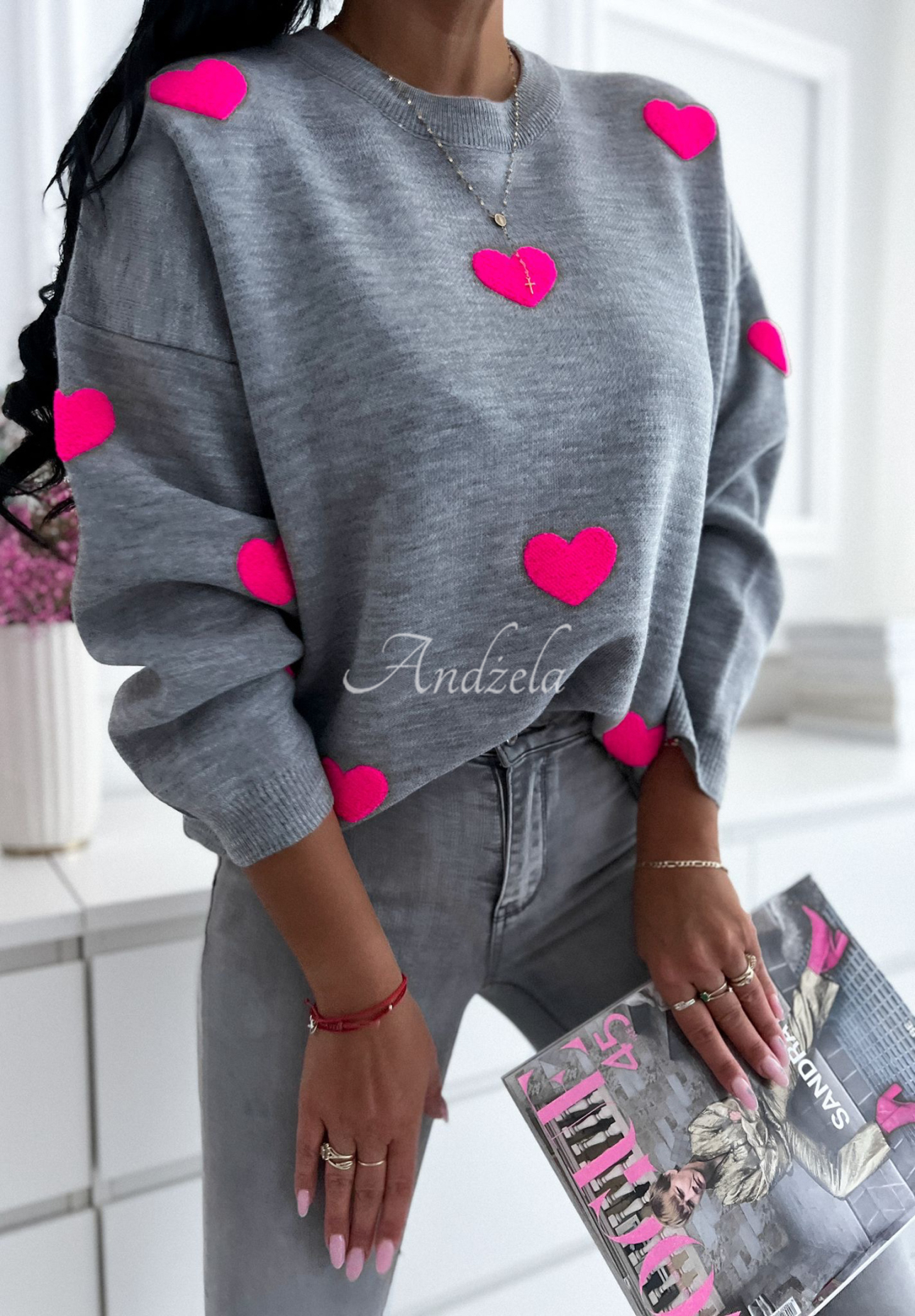 Pullover mit Herzen Let Me Love You grau-rosa