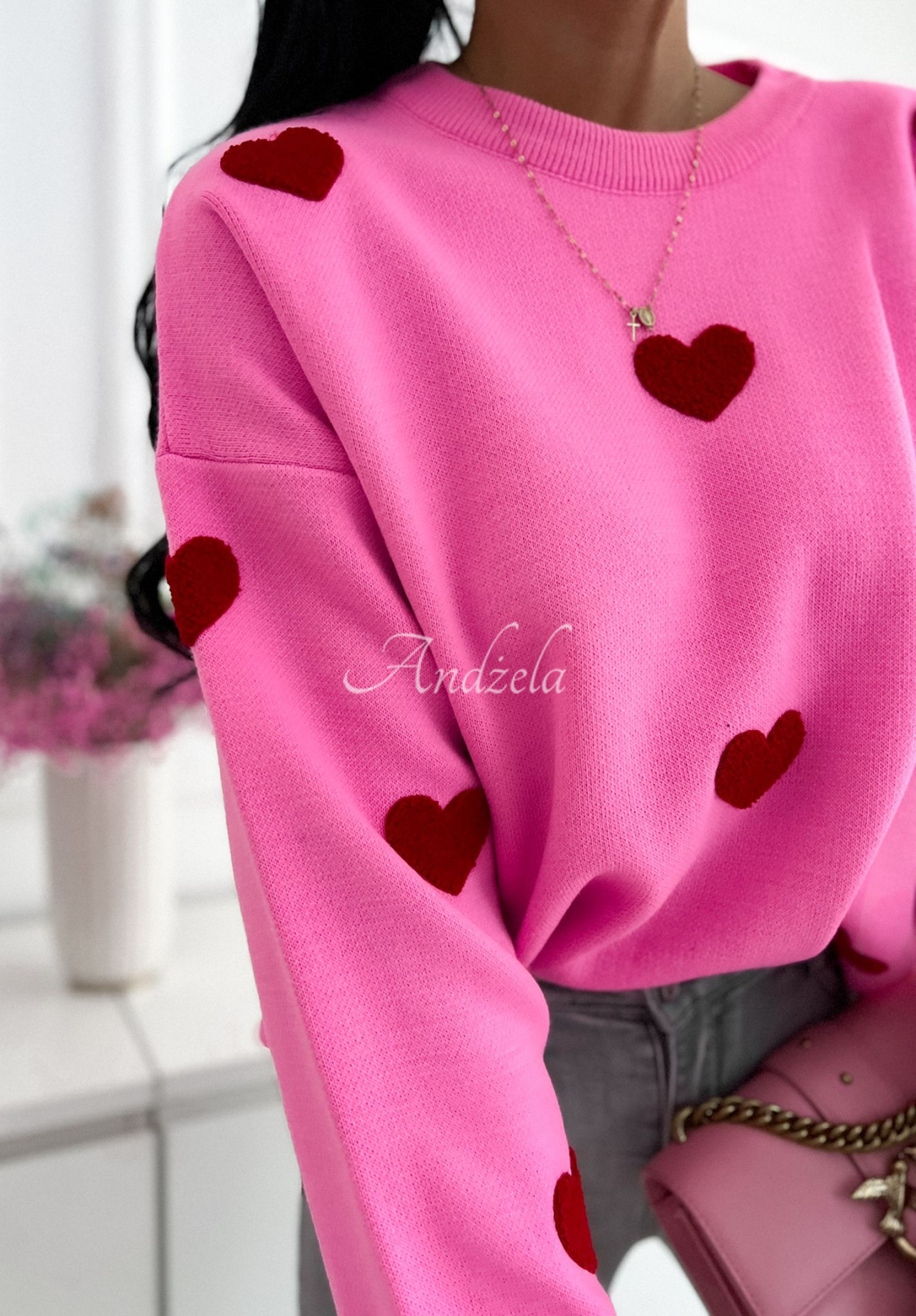 Pullover mit Herzen Let Me Love You rosa-burgund