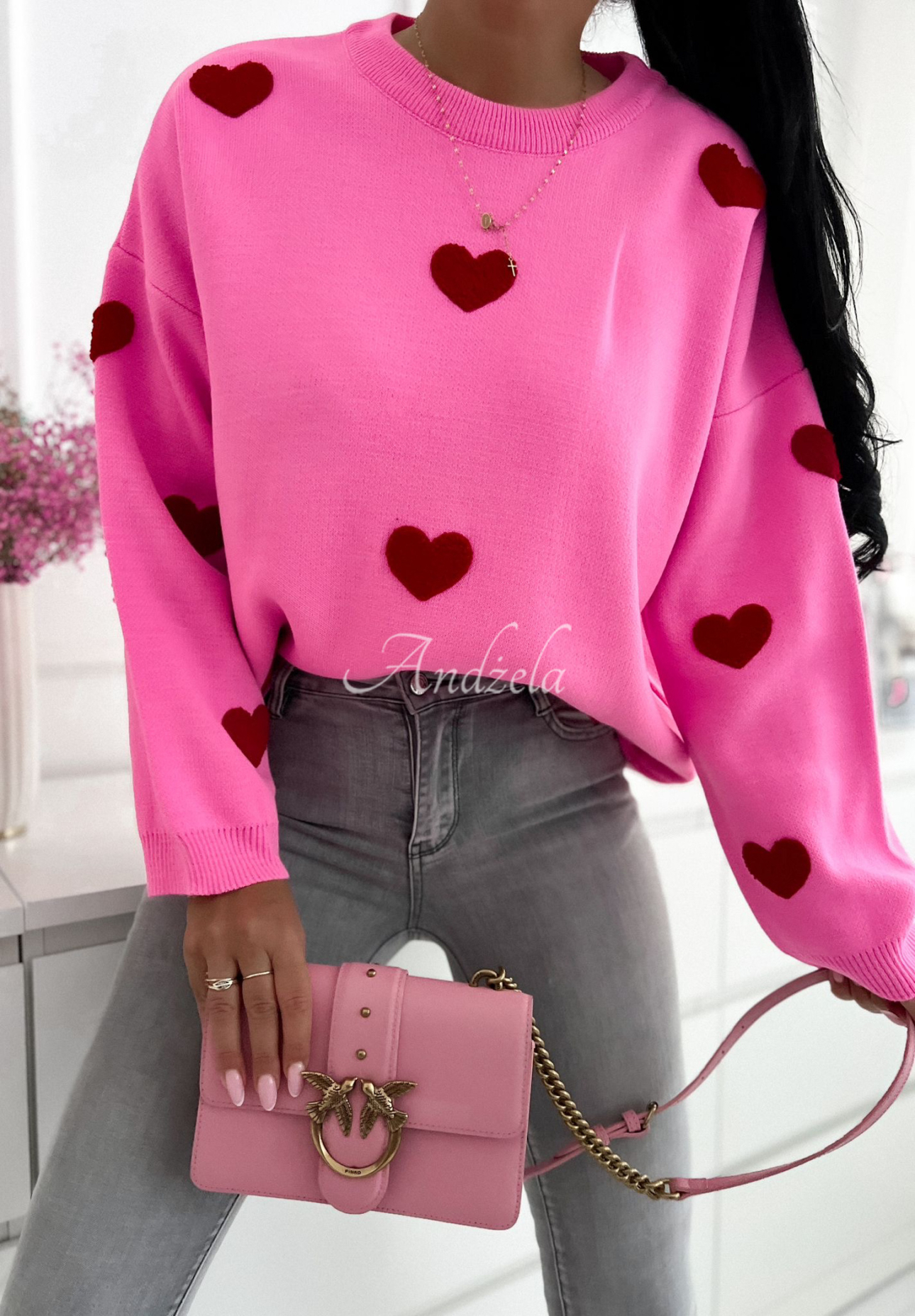 Pullover mit Herzen Let Me Love You rosa-burgund