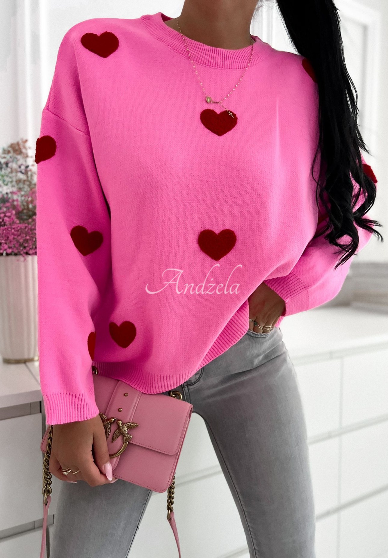 Pullover mit Herzen Let Me Love You rosa-burgund