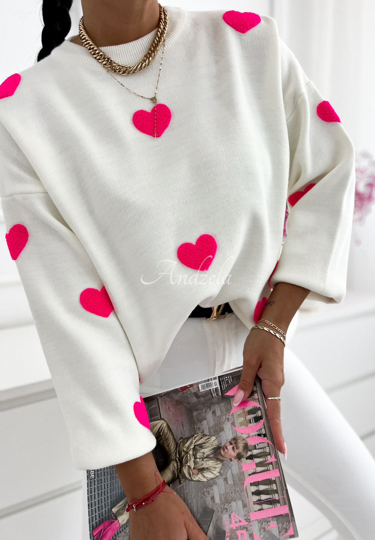 Pullover mit Herzen Let Me Love You weiß-rosa