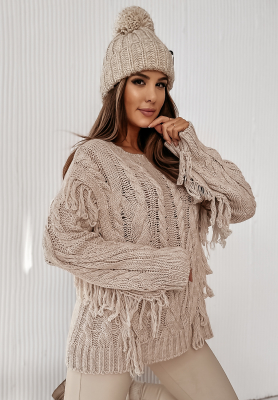 Pullover mit dekorativem Geflecht und Fransen Santos Beige