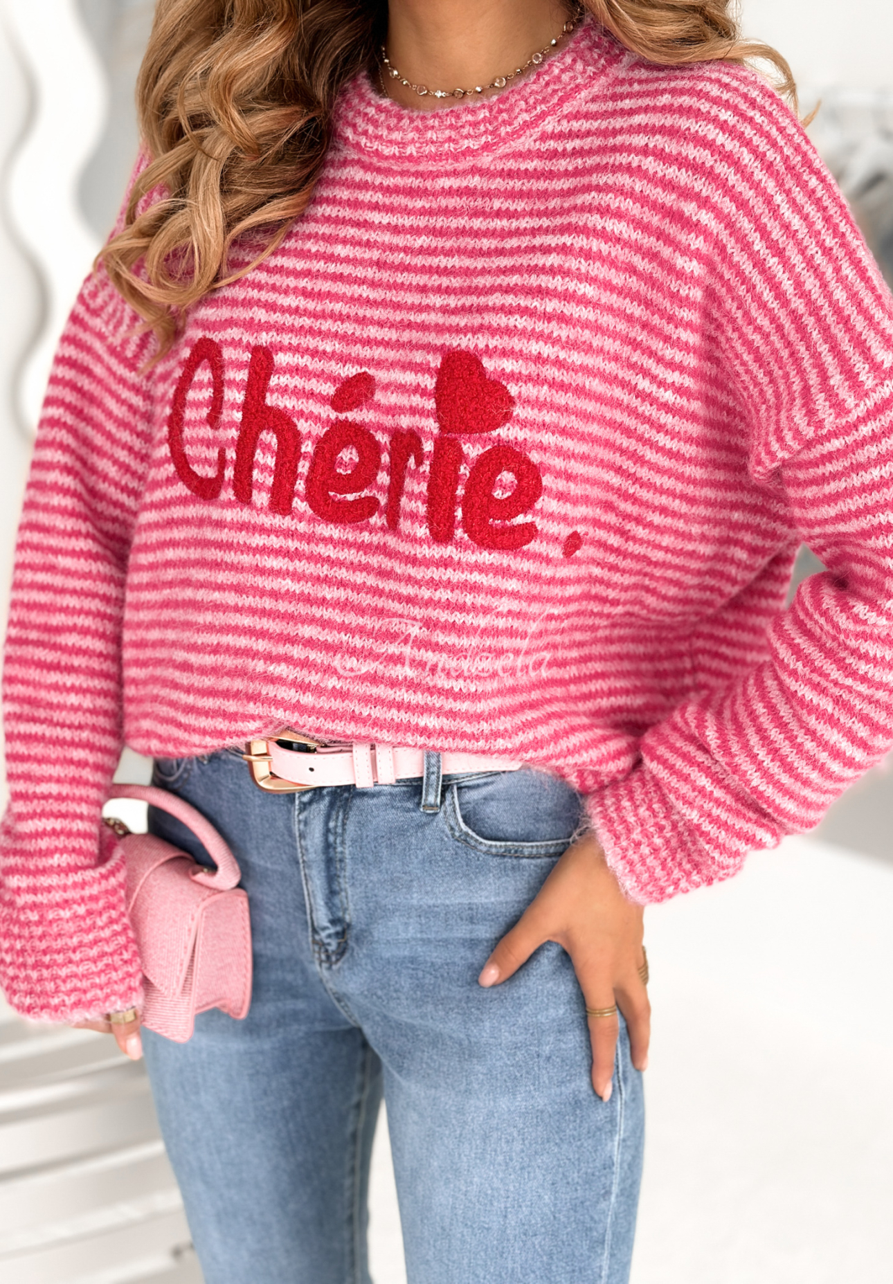 Gestreifter Pullover mit Schriftzug Cherie Rosa