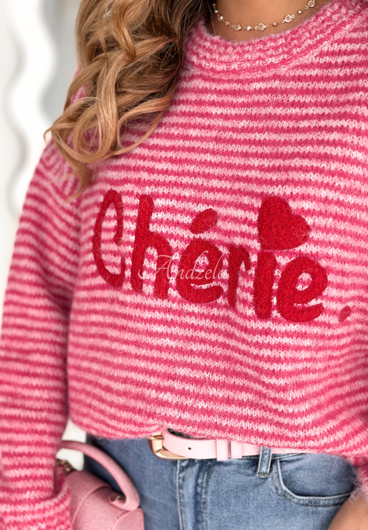 Gestreifter Pullover mit Schriftzug Cherie Rosa