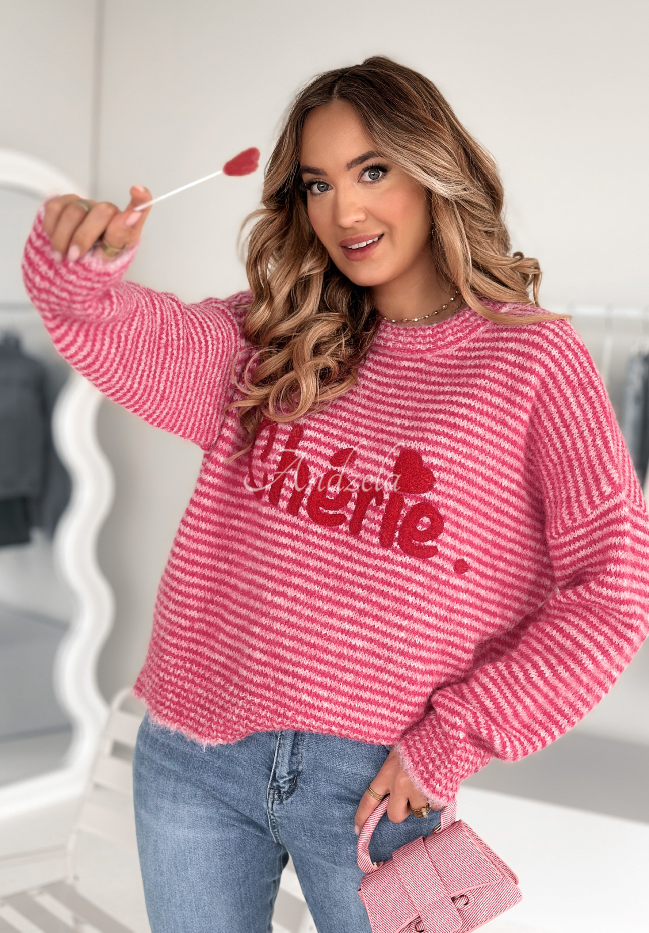 Gestreifter Pullover mit Schriftzug Cherie Rosa