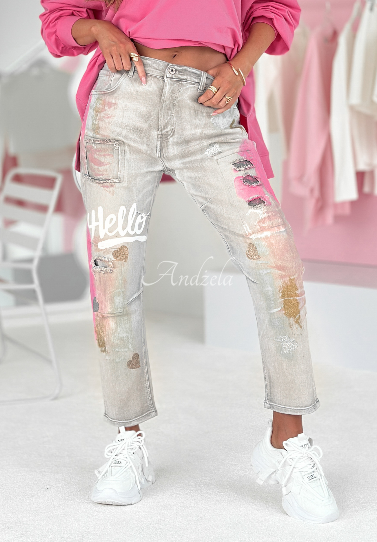 Jeanshose mit Prints Hello My Lovely hellgrau