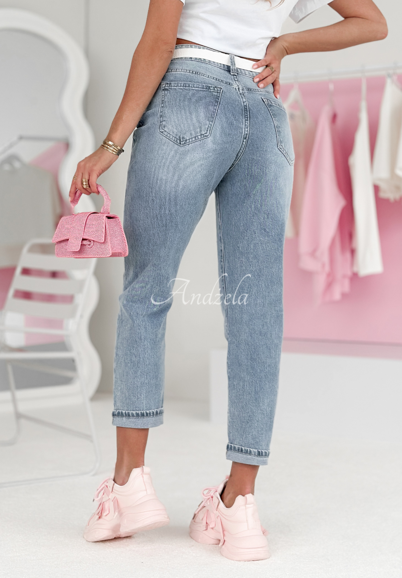 Denim-Hose mit Herzen Love Myself More Blau