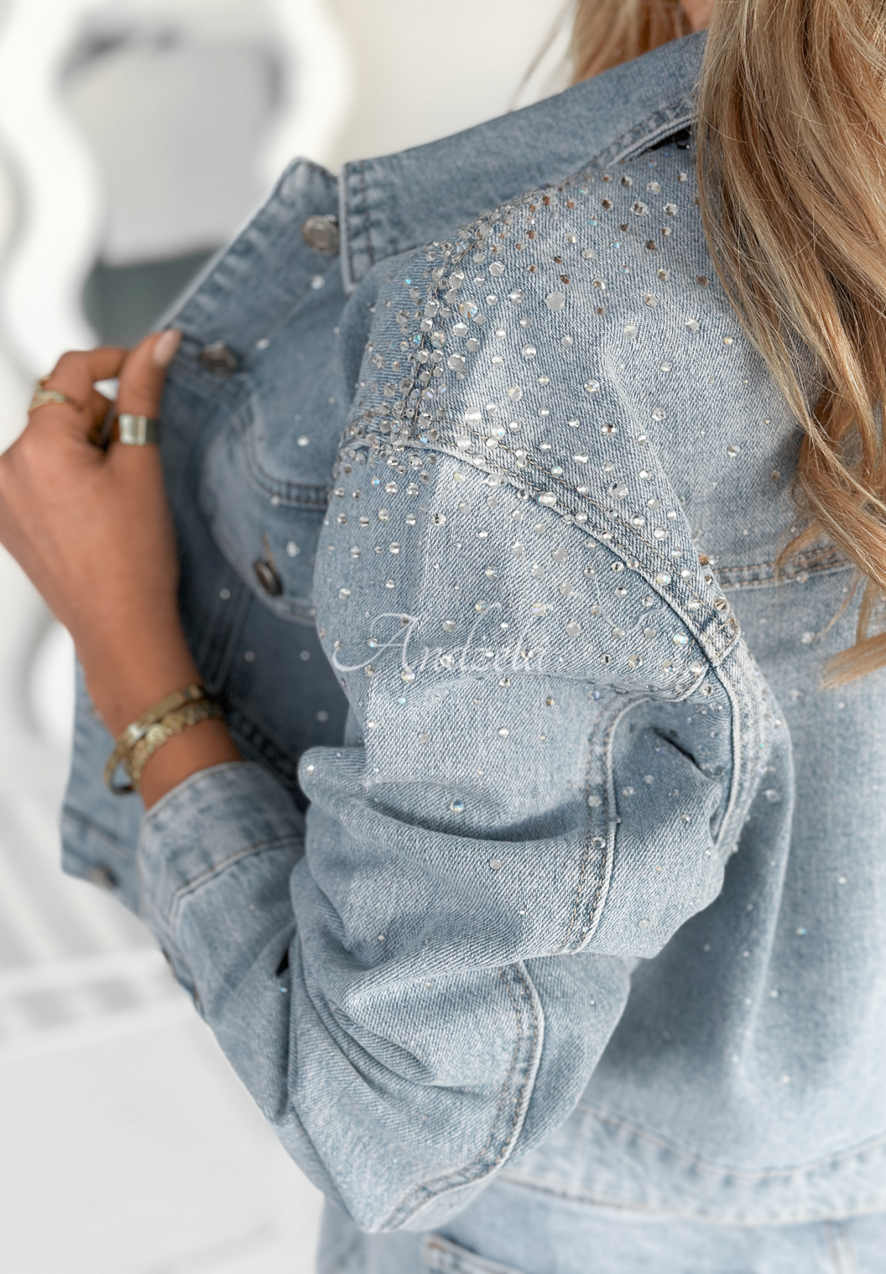 Kurze Denimjacke mit Strasssteinen My Sweet Life Hellblau