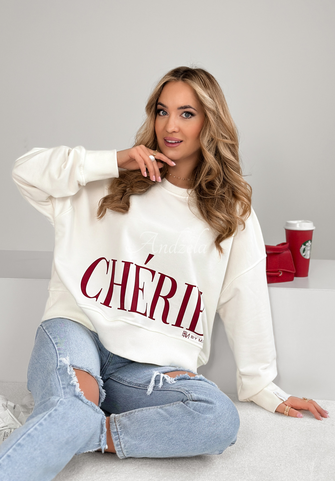 Oversize Sweatshirt mit Print Cherie Ecru