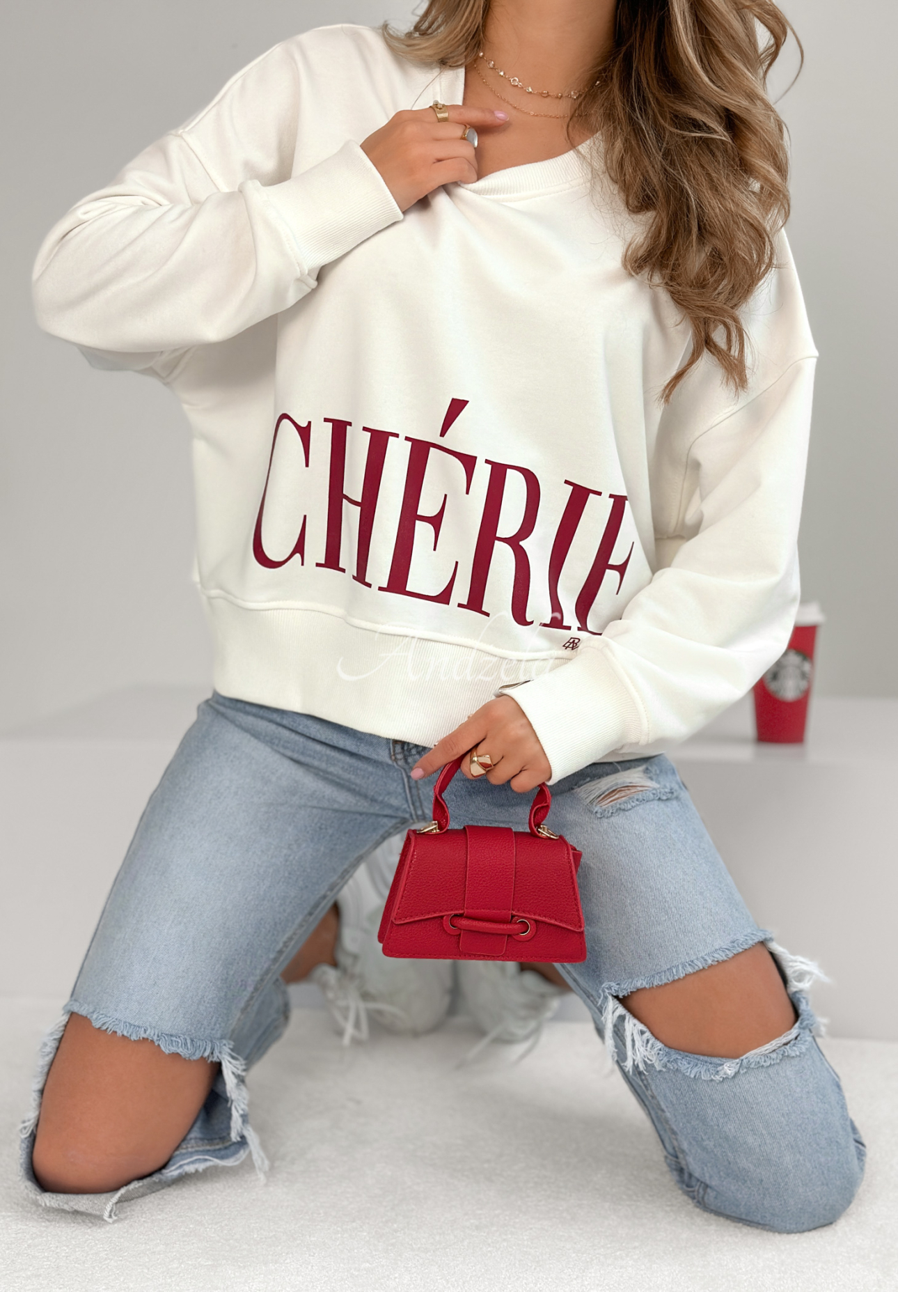 Oversize Sweatshirt mit Print Cherie Ecru