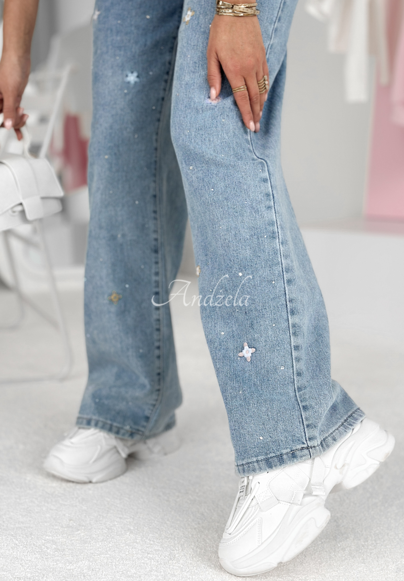 Denim-Hose mit Stickerei Flowers And Stars Blau