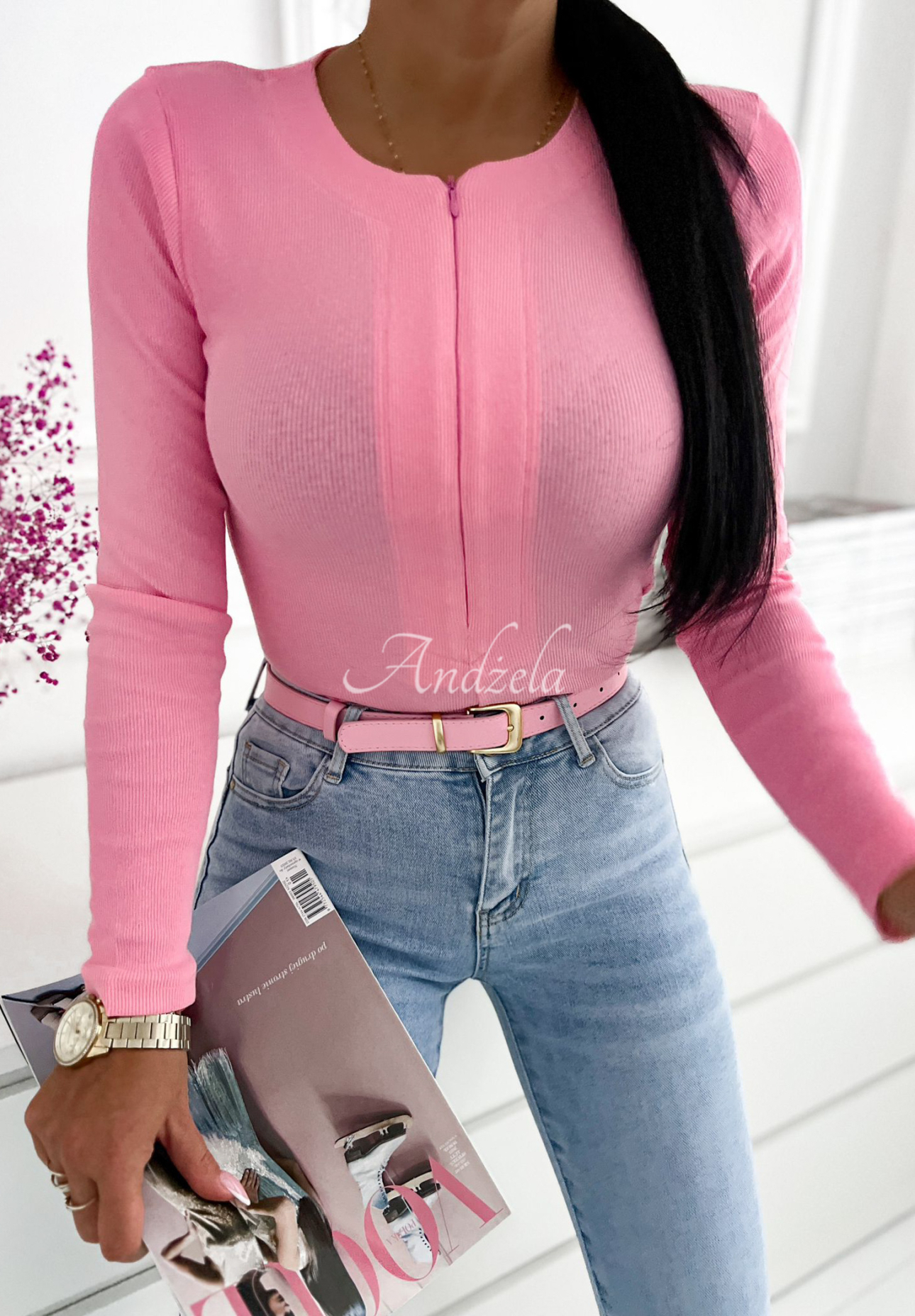 Gerippte Bluse mit Reißverschluss Adore You Rosa