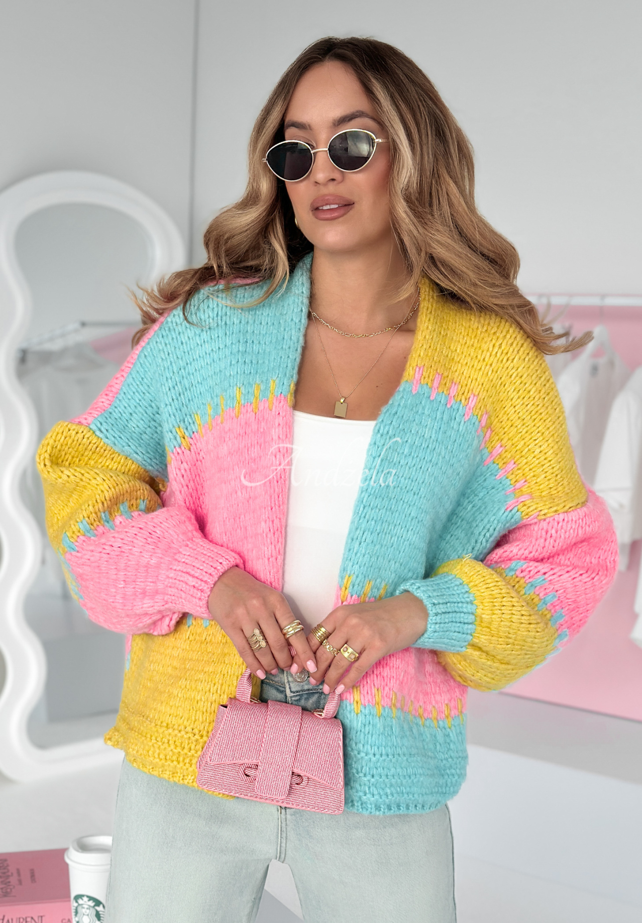 Short oversize cardigan Seriously Pretty blue and yellow