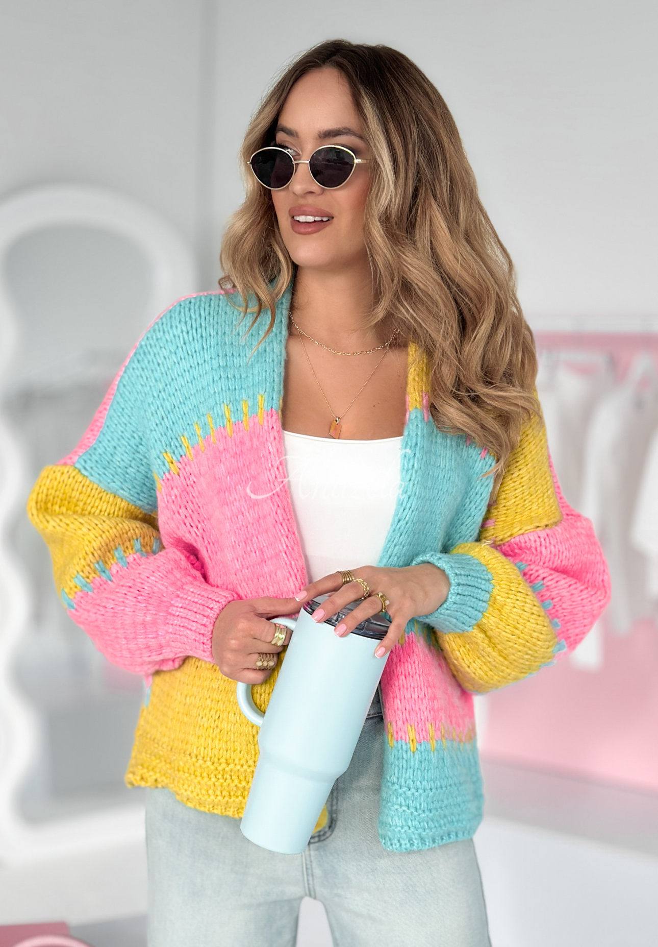 Kurzer Overisze Cardigan Seriously Pretty blau-gelb