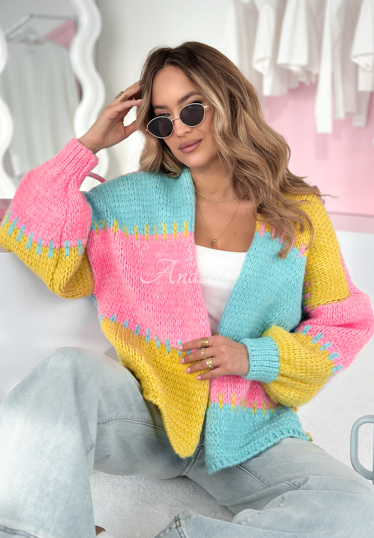 Short oversize cardigan Seriously Pretty blue and yellow