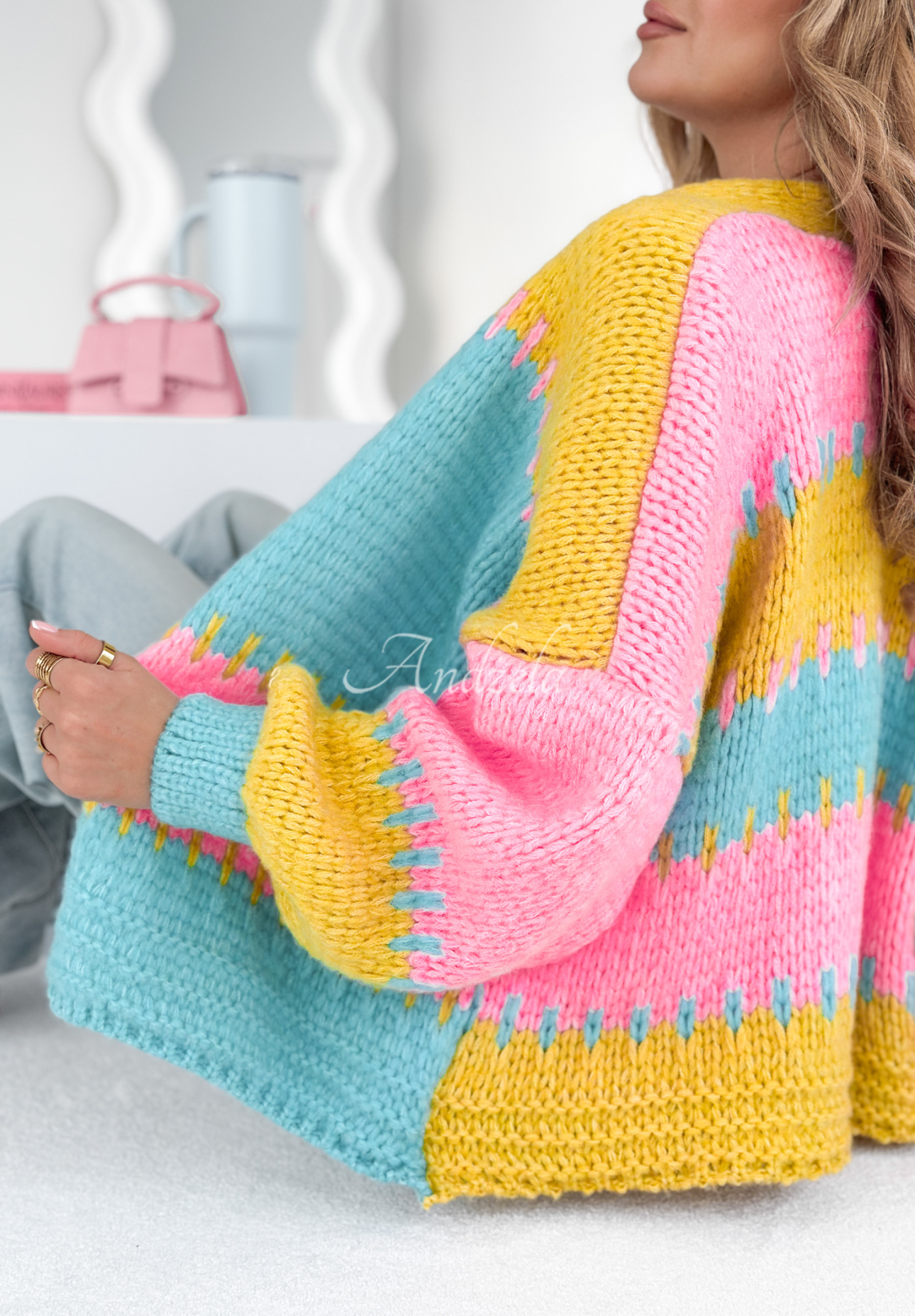 Short oversize cardigan Seriously Pretty blue and yellow