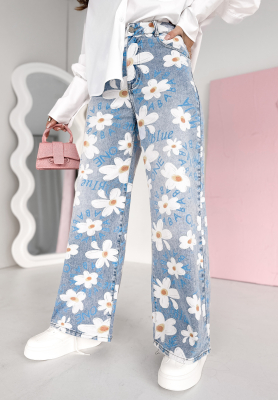 Hose Jeans wide leg w kwiaty Blooming On You Hellblau