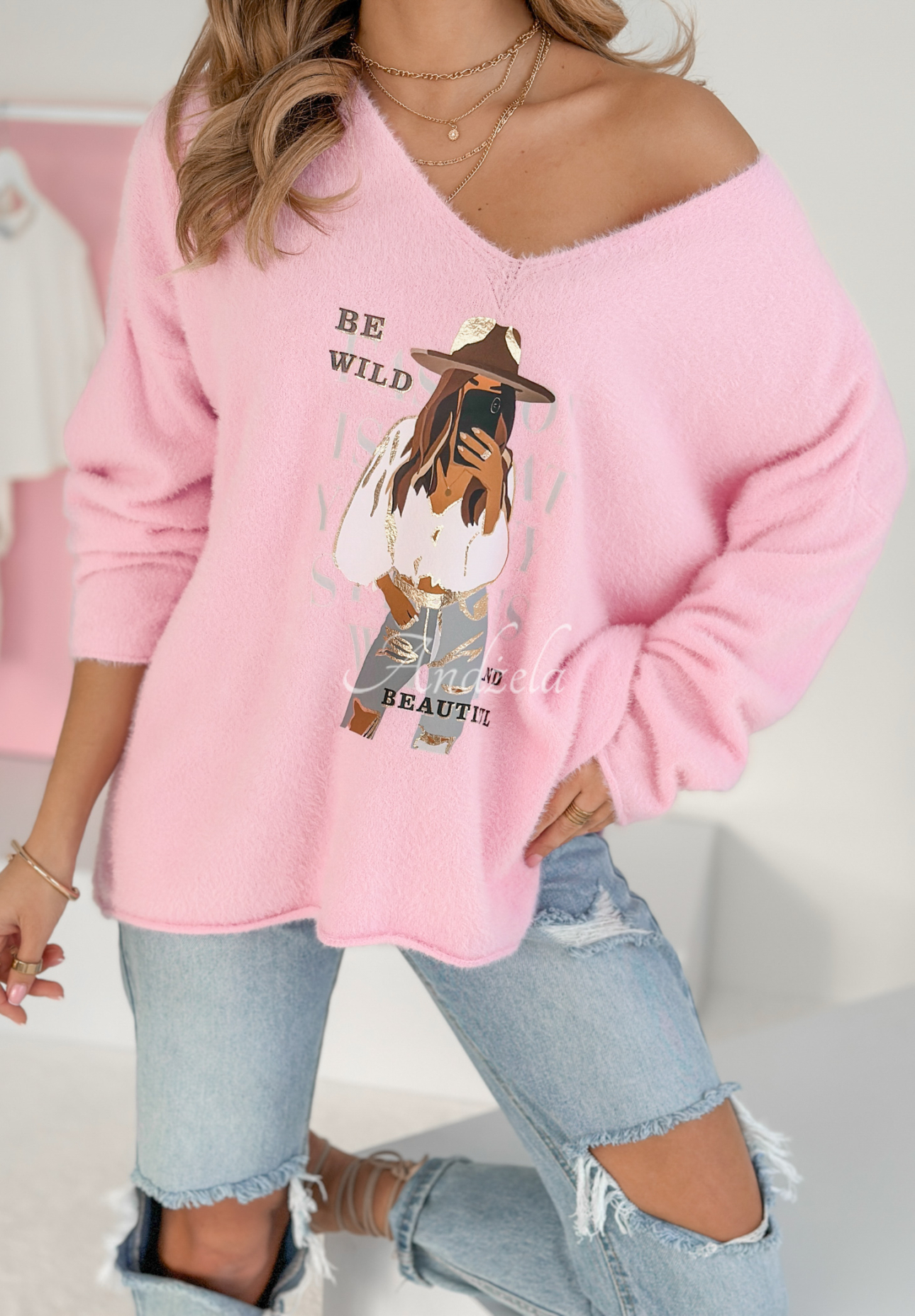 Alpaka-Pullover mit Aufdruck Be Wild And Beautiful Rosa