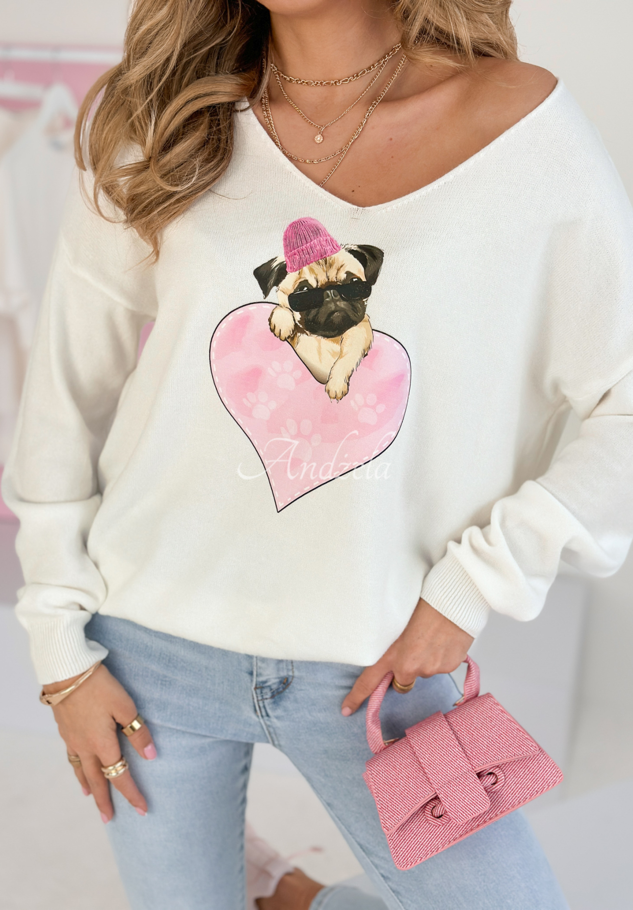 Leichter Pullover mit Aufdruck Puggy Lover Weiß