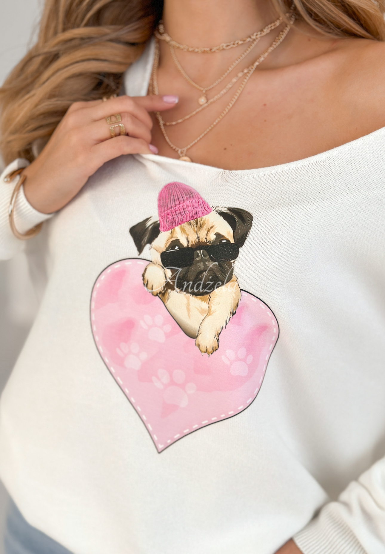 Leichter Pullover mit Aufdruck Puggy Lover Weiß