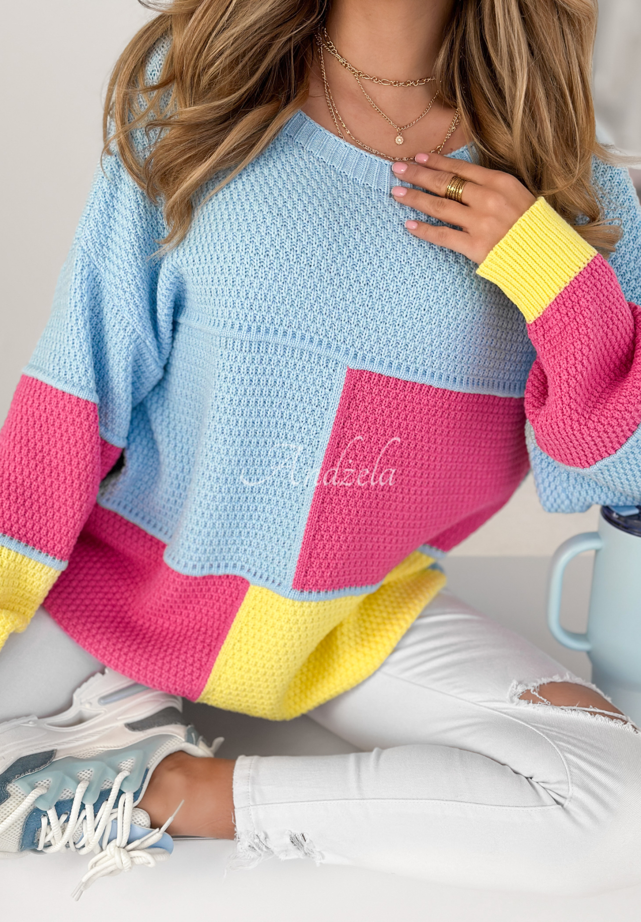 Pullover Joyful Moments hellblau-rosa