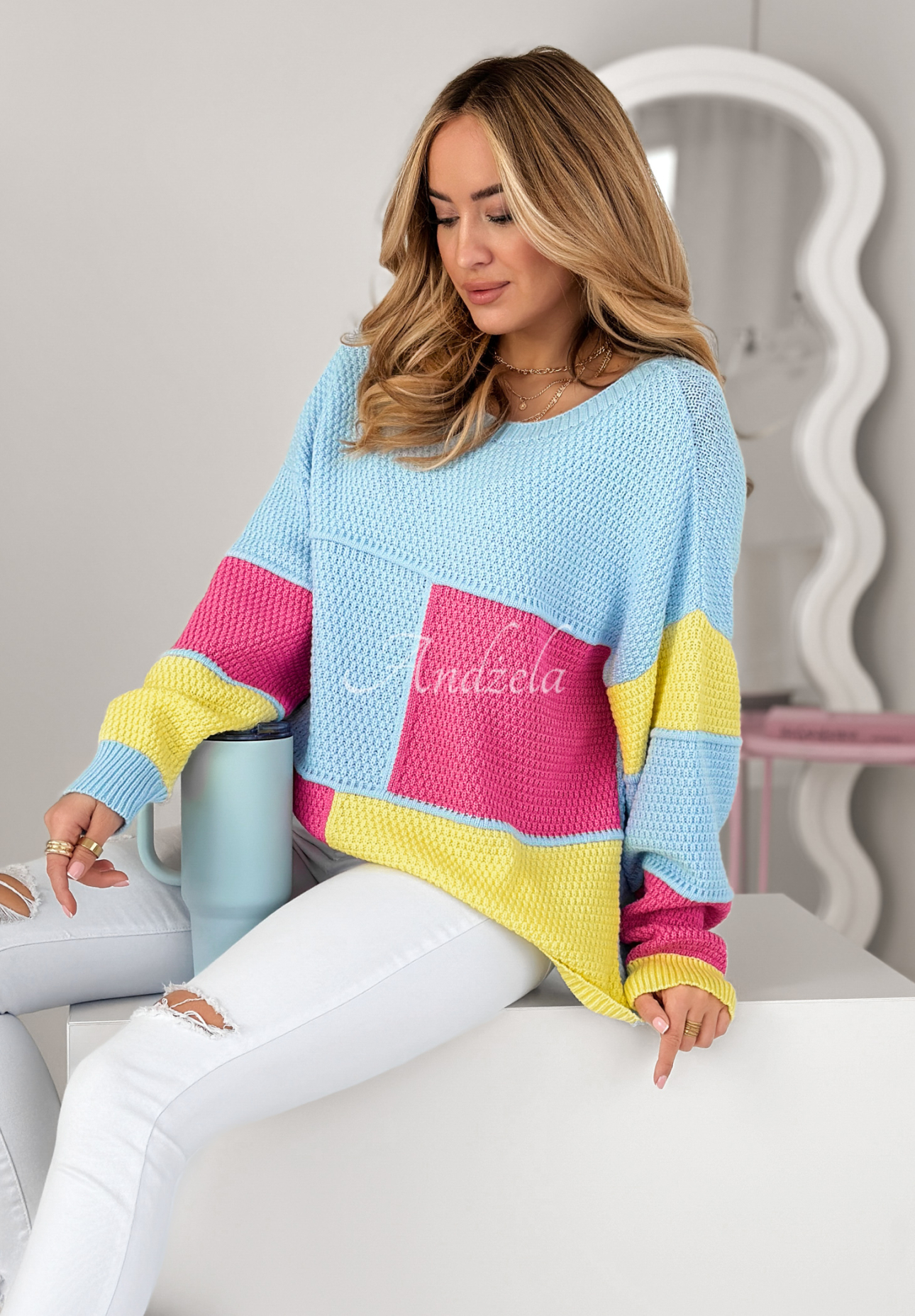 Pullover Joyful Moments hellblau-rosa