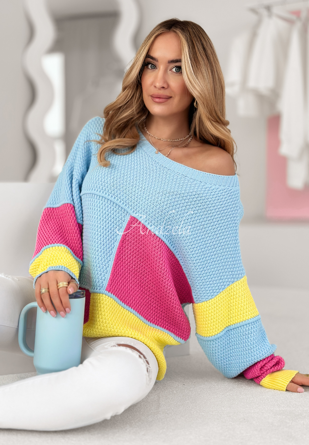 Pullover Joyful Moments hellblau-rosa