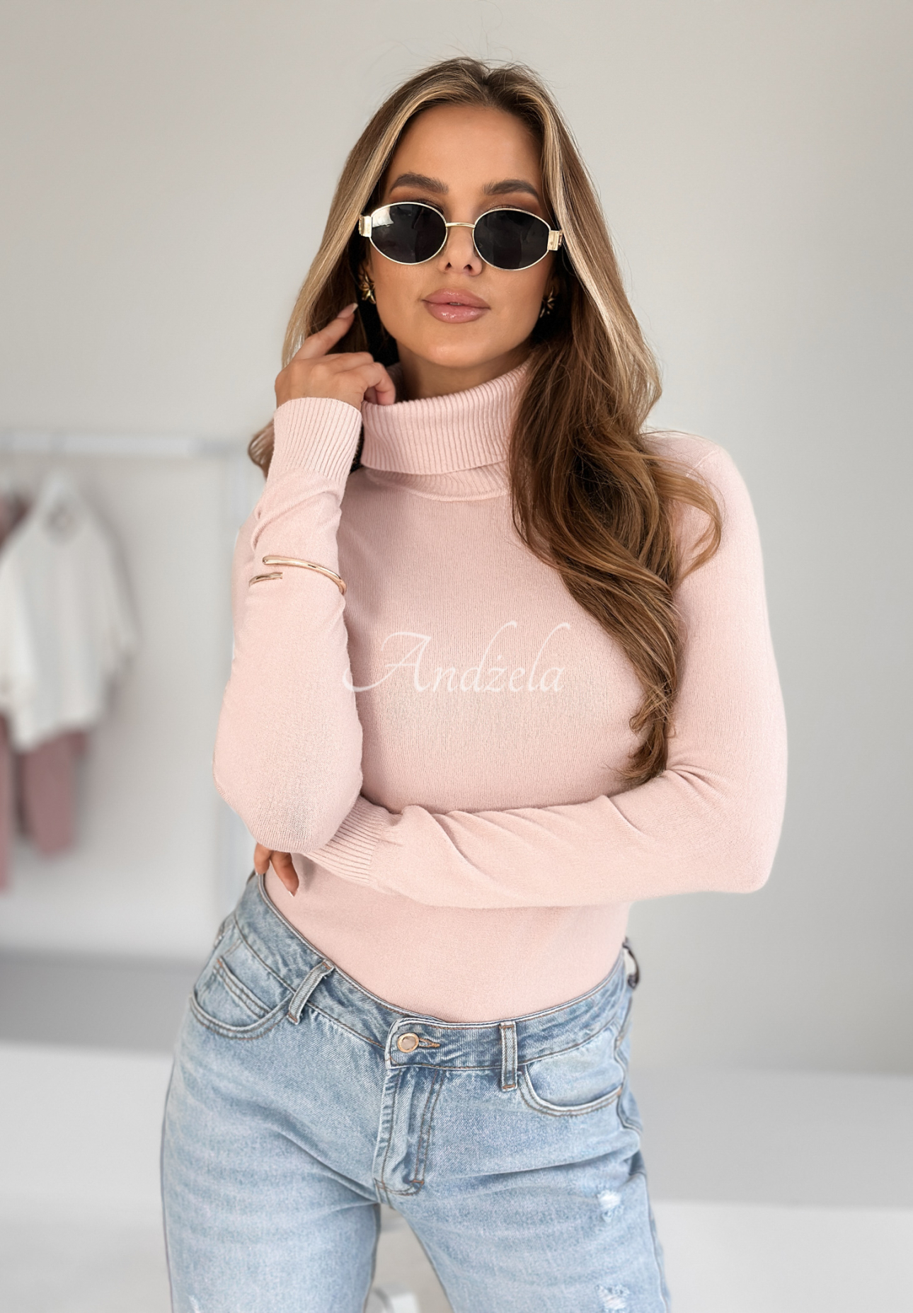 Figurnaher Rollkragenpullover Solange Puderrosarosarosa